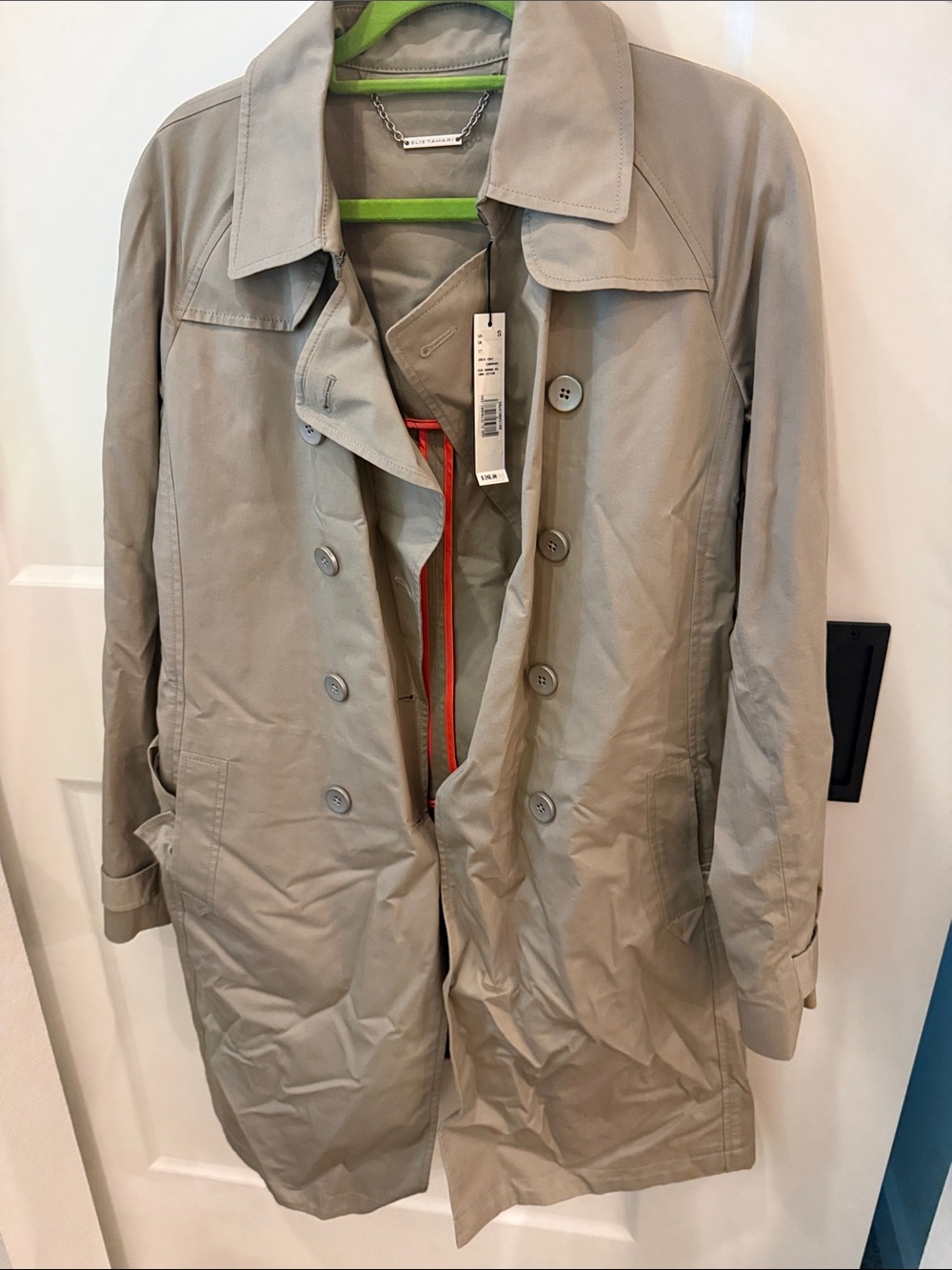 Elie Tahari Beige Trench Coat with Orange Trim New with Tag